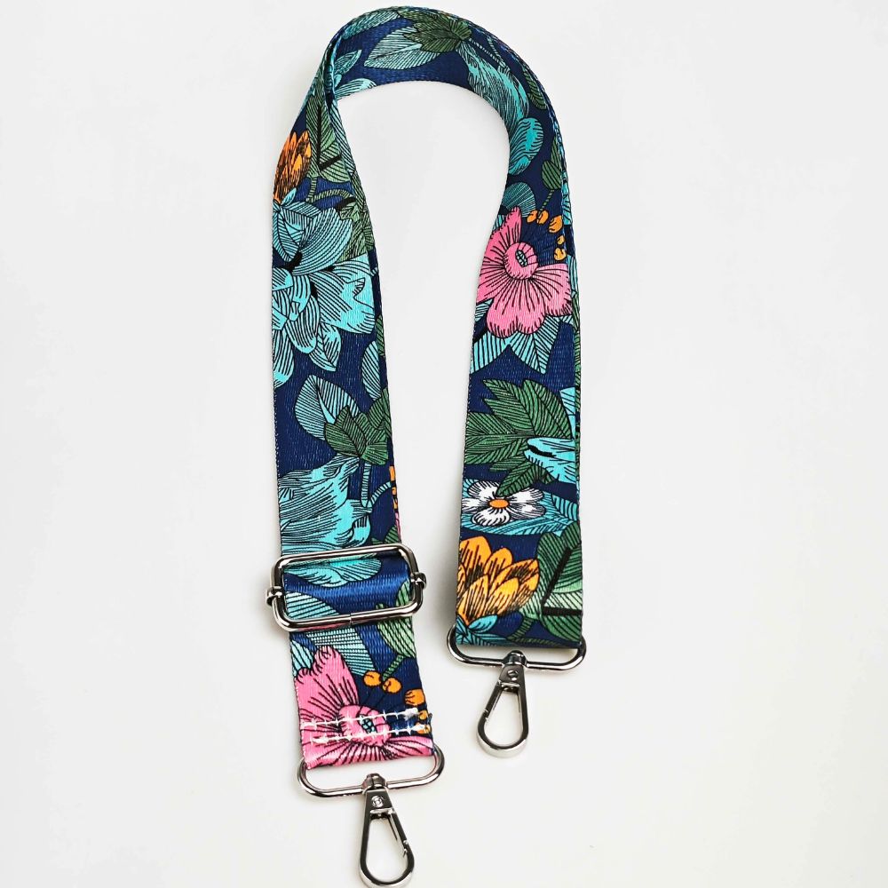 Sangle bandoulière pour sac motif floral bleu